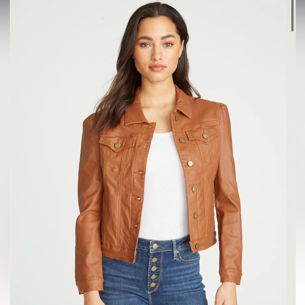 Driftwood Gigi Puff Sleeve Coated Jacket - Cognac | brown leather jacket